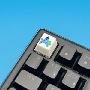 以下が含まれることがあります： 青と緑のデザインが施された、カスタムの白いキーボードキー。キーは黒いキーボードに取り付けられており、背景は青色です。キーには、コンパスと緑のデザインが付いた青色の「A」があります。