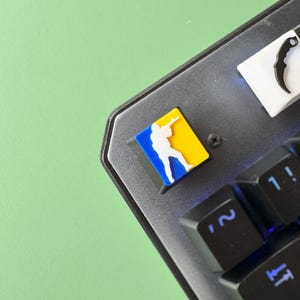 Może przedstawiać: Czarny klawisz z niebieskim, ż&oacute;łtym i białym nadrukiem przedstawiającym stylizowaną sylwetkę osoby trzymającej broń. Klawisz znajduje się na czarnej klawiaturze z srebrną ramką.