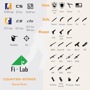 Może przedstawiać: Grafika przedstawiająca klawisze Counter-Strike z r&oacute;żnymi broniami, przedmiotami i logo. Klawisze zawierają czarno-białe ilustracje broni, przedmiot&oacute;w i logo z popularnej gry wideo Counter-Strike. Klawisze są oznaczone nazwami broni, przedmiot&oacute;w i logo.
