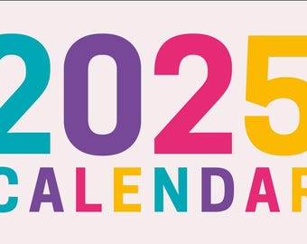 Kleurrijke maandelijkse bureaukalender 2025, afdrukbaar landschap, minimalistische kalender, jaarlijkse wandkalender, bureaukalender