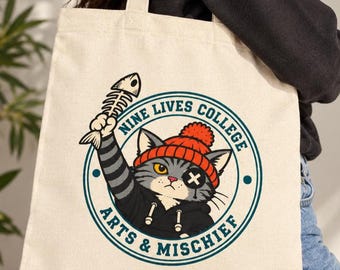 Cat Tote Bag, Nine Lives College Graphic, Funny Cat Lover Gift, Collegiate Style Book Bag, Arts and Mischief