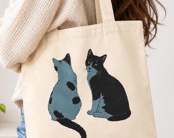 Tuxedo Cat Tote Bag, Two-View Illustration, Cotton Canvas, Cat Lover Gift