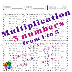 Multiplication Worksheets 20 Printable,Fill in the Blanks- Single Digit Multiplication (3 Numbers from 1 – 5), Maths Drills,Answers Included