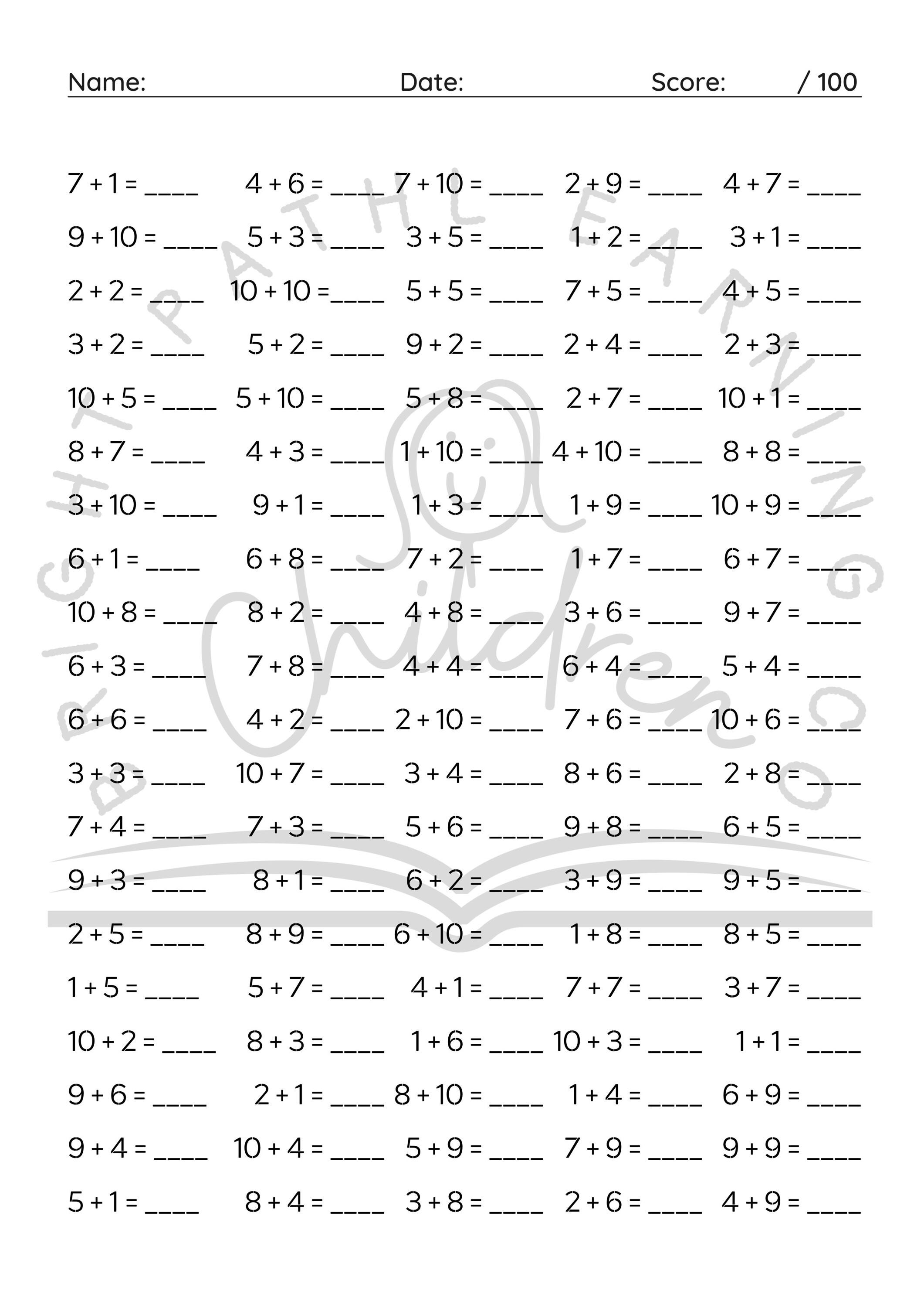 Maths Drill Addition Worksheets, Printable Numbers 1 to 10, Practice ...