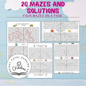 Maze print, labyrinth print for kids, 20 Puzzles for Kids and Adults, Printable Pages, Instant Download PDF, Solutions Included