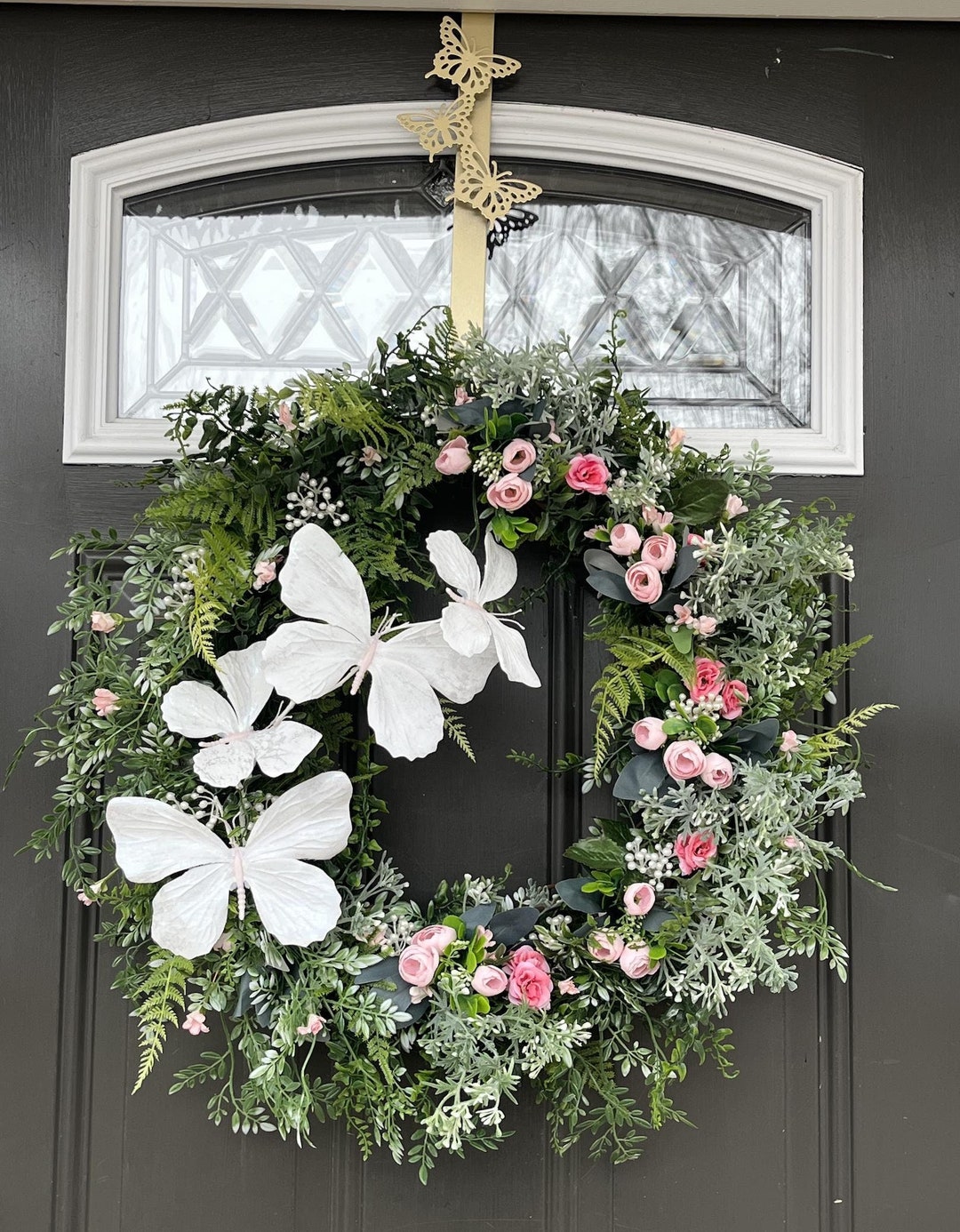 Handmade Spring Wreath: Pink Roses and Butterflies, Floral Door Decor ...