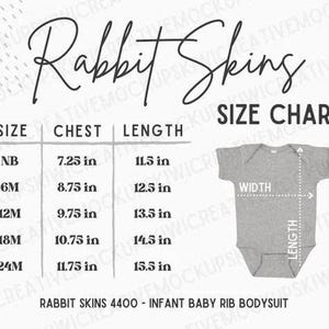 May include: A size chart for Rabbit Skins infant baby rib bodysuits. The chart includes chest and length measurements in inches for sizes NB, 6M, 12M, 18M, and 24M. A gray bodysuit is shown with width and length indicators.