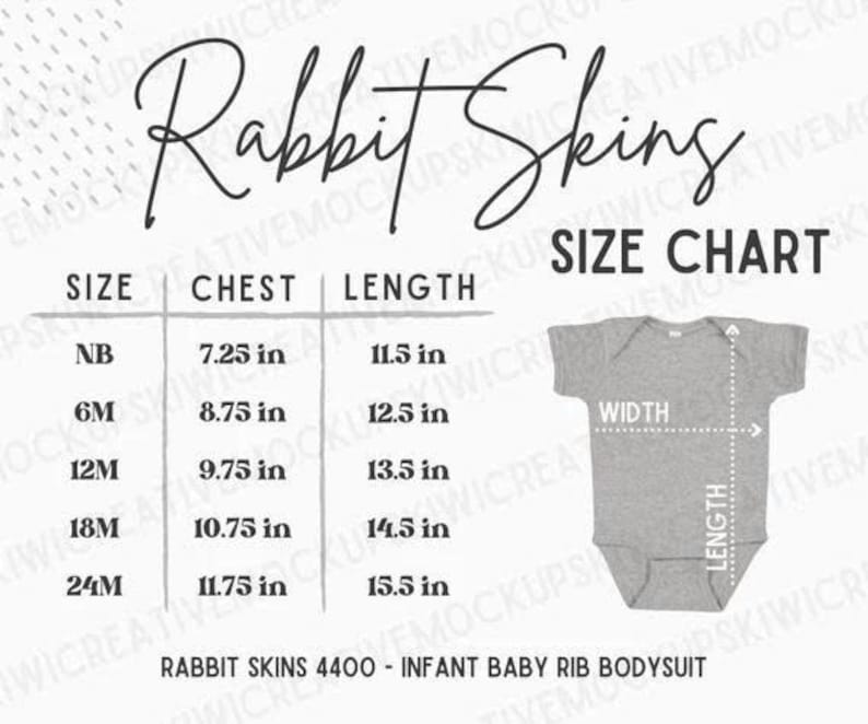 May include: A size chart for Rabbit Skins infant baby rib bodysuits. The chart includes chest and length measurements in inches for sizes NB, 6M, 12M, 18M, and 24M. A gray bodysuit is shown with width and length indicators.
