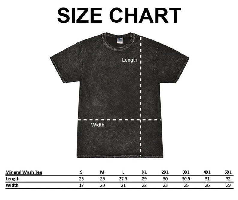 K&ouml;nnte beinhalten: Gr&ouml;&szlig;entabelle f&uuml;r ein Mineral Wash T-Shirt. Die Tabelle zeigt die L&auml;ngen- und Breitenma&szlig;e in Zoll f&uuml;r die Gr&ouml;&szlig;en S bis 5XL.