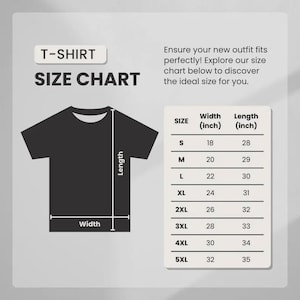 May include: A black t-shirt size chart with measurements in inches. The chart includes sizes S to 5XL, with corresponding width and length measurements. Text on the image reads "T-SHIRT SIZE CHART".