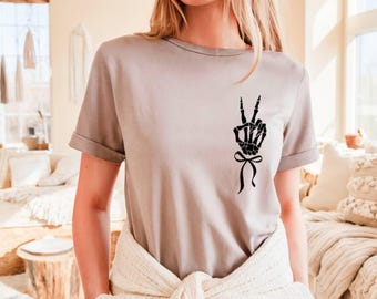 Skeleton Peace Sign Halloween T-Shirt, Spooky Season Tee