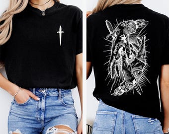 Tattoo Style Dagger Graphic Tee, Gothic Hand and Eye Shirt