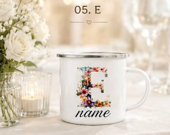 Personalized Floral Initial Enamel Mug, Custom Name Letter Camping Mug, Monogram Gift for Her