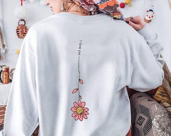 Minimal Floral Line Art Sweatshirt • Back Print Flower Design • Cozy Pullover