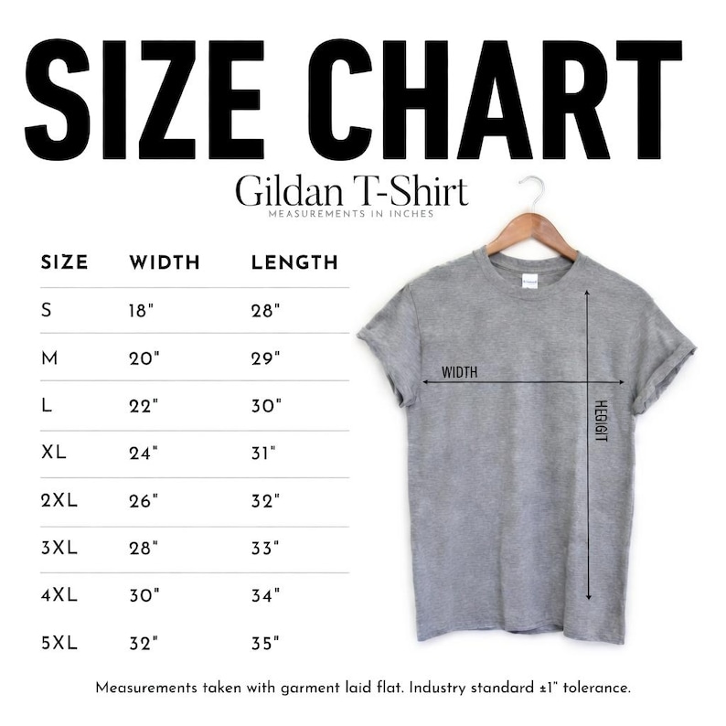 May include: A gray Gildan T-shirt displayed on a wooden hanger, with a size chart showing measurements in inches. The chart lists sizes S to 5XL, with corresponding width and length measurements. The text "SIZE CHART" is at the top.