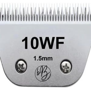 May include: A silver-colored hair clipper blade with the text "10WF" and "1.5mm" printed on it. The blade has a row of teeth along the top edge.