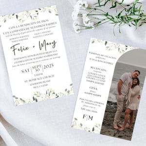 Tweetalige huwelijksuitnodiging in het Engels en Spaans, Invitación de Boda, bloemenuitnodiging voor bruiloft, uitnodiging met fotosjabloon