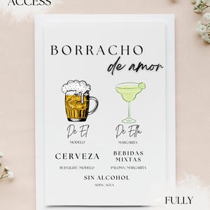 Letrero de Borracho de Amor para menú de bar, plantilla totalmente editable, bebidas para él y para ella, para bodas, menú de bar de bodas en español, compromiso