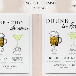Menús de bar en inglés y español para bodas, fiestas de compromiso o aniversarios. Plantillas con el tema Drunk In Love/ Borracho de amor