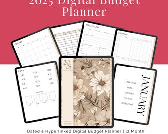 Puede incluir: Un planificador de presupuesto digital para 2025 con un diseño floral. El planificador incluye páginas de calendario mensuales, seguimiento de gastos, objetivos de ahorro y secciones de reflexión. El planificador está fechado e hipervinculado para una fácil navegación.