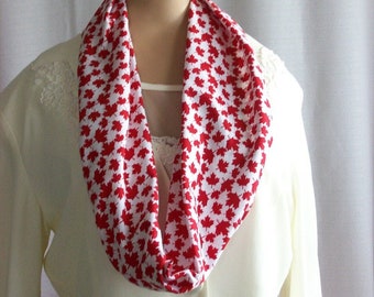 Canada Day Scarf - Circle Infinity Scarf - Red Maple Leaf Small Print, Canadian Souvenir - Flag