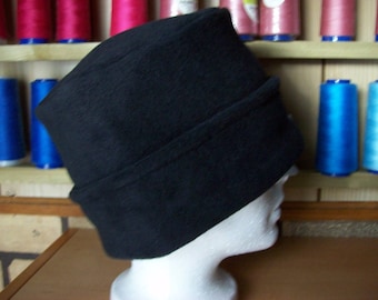 BLACK Polar Fleece Pillbox Winter Beanie Hat