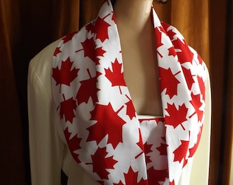 COTTON Canada Day Scarf - LARGE Print Red Maple Leaf - Summer Circle Infinity Scarf - Canadian Souvenir - Flag