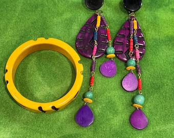 Vintage Purple Dangle Earrings and Yellow Bangle Bracelet | 80s Retro Jewelry Set