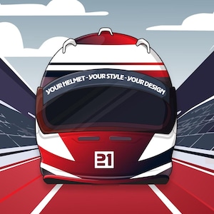 Puede incluir: Un casco de carreras rojo, blanco y azul con una visera negra. El casco tiene el texto "YOUR HELMET - YOUR STYLE - YOUR DESIGN" en el lateral y el número "21" en la parte delantera. El casco está en una pista de carreras roja con líneas blancas.