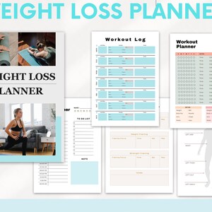 May include: A printable weight loss planner with a blue and white color scheme. The planner includes sections for workout logs, meal planning, and progress tracking. The cover features a woman exercising in a living room.