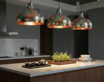 Lámpara colgante de cobre oxidado con cúpula de pátina azul para isla de cocina