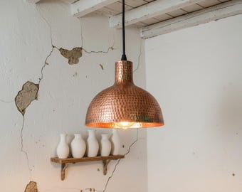 Lámpara colgante de cobre martillado hecha a mano, lámpara de techo tipo cúpula, luminaria rústica marroquí.
