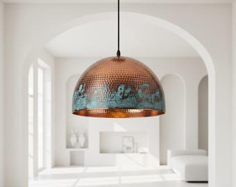 Handmade Hammered Copper Dome Pendant Light with Green Patina – Modern Moroccan Ceiling Lamp