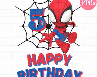 May include: A cartoon image of Spider-Man with a red and blue costume, a black spiderweb, and the number 5 in blue. The words "HAPPY BIRTHDAY" are in red and blue. A pink "PNG" circle is in the upper right corner.