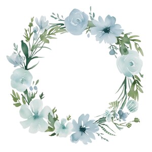 Große blaue Blumen Aquarell Grüner Kranz Clipart Extra Watery Blue Flowers DIY für Hochzeit und Briefpapier Clipart