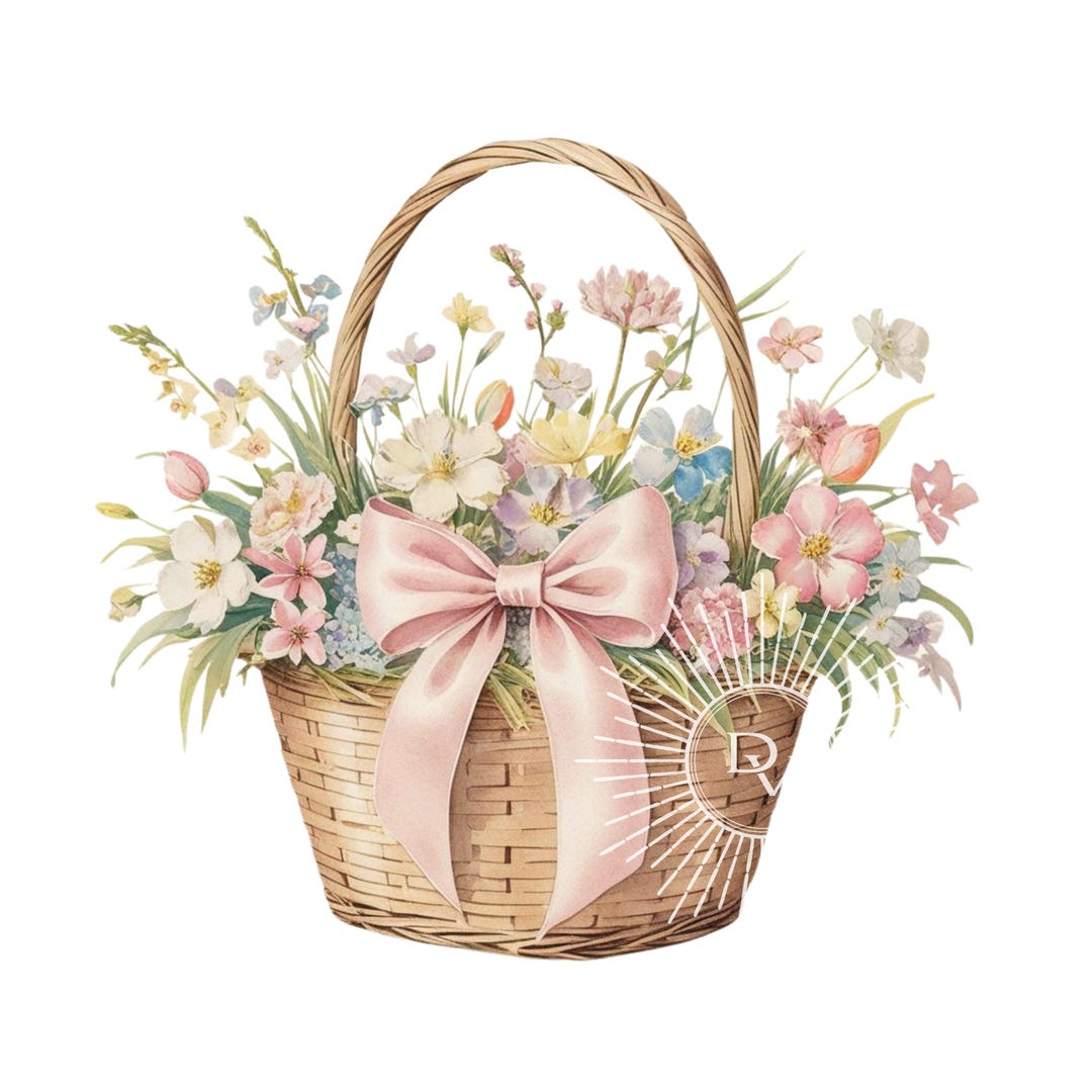 Spring Floral Basket With Pink Bow Easter Basket of Flowers for ...