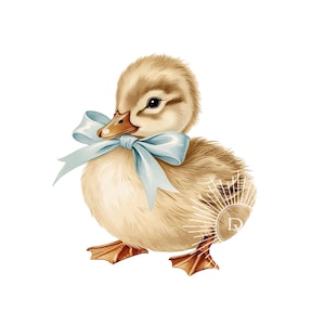 Piccolo paperotto con fiocco blu Acquerello adorabile paperotto pasquale marrone chiaro Profilo frontale Stile vintage Perfetto per primavera o Pasqua Fai da te o Clipart