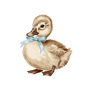 Anatra con fiocco blu Acquerello Adorabile anatra pasquale marrone Profilo laterale Stile vintage Perfetto per primavera o Pasqua Fai da te o Clipart