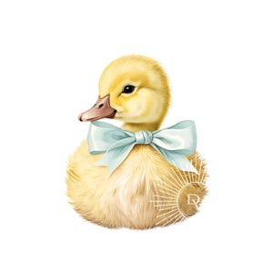 Anatra acquarellata seduta con fiocco blu Adorabile anatra gialla Profilo frontale Stile vintage Perfetto per primavera o Pasqua fai da te o clipart