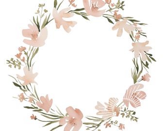 Soft Pink Flowers Watercolor Floral Green Wreath Clipart Extra Watery ...