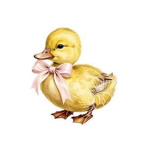Anatra di Pasqua con fiocco rosa Acquerello Adorabile Anatra gialla Profilo laterale Stile vintage Perfetto per primavera o Pasqua Fai da te o Clipart