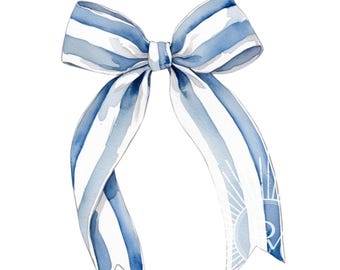 May include: A blue and white striped bow with a watercolor effect. The bow is tied in a knot and the ends of the ribbon are flowing.