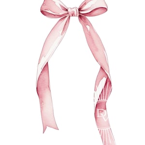 May include: A pink satin ribbon tied into a bow with long tails.