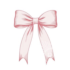 May include: A pink satin bow with a classic design. The bow is tied with two long tails.
