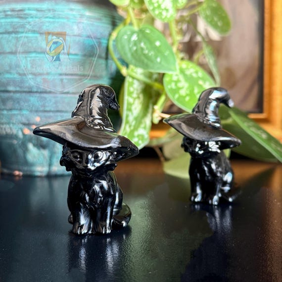 7cm Natural Black Obsidian Wizard Cat: Gemstone Cat Figurine Halloween Decor Gift