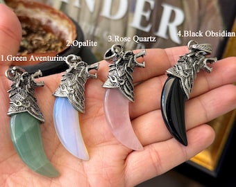 Pendentif dent de loup en cristal, breloque tête de loup en cuivre, bijoux bohème viking