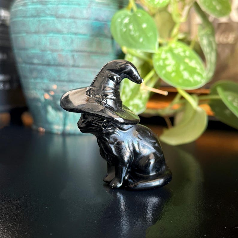 May include: A glossy black cat figurine wearing a witch's hat. The cat is in a seated position, with its tail curled. The hat has a pointed crown and a wide brim. The figurine is set against a blurred background.