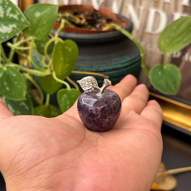 May include: A polished, purple amethyst apple figurine with a silver-colored stem and leaf detail. The gemstone apple is held in an open hand, with green foliage in the background. A decorative item.