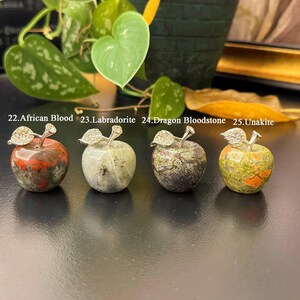May include: Four decorative stone apple figurines. Each apple has a silver-colored stem and leaf design. The apples are labeled: African Blood, Labradorite, Dragon Bloodstone, and Unakite. The apples are various colors, including red, green, and brown.