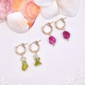 Gold Filled Hoop Earrings | Pink or Green Gemstone Drops | Tarnish Resistant Hoops | Minimalist Jewelry | Dainty Gift for Her